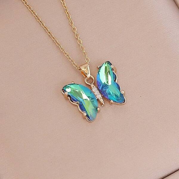Fashionable Gradient Butterfly Alloy Glass Pendant Necklace
