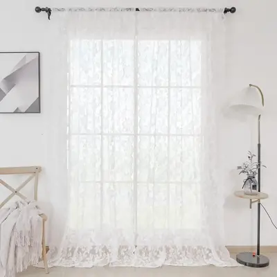 Hollow Out Design Lace Curtain, 2 Counts/set Solid Color Window Curtain, Decorative Curtain for Home Living Room Bedroom Kitc...