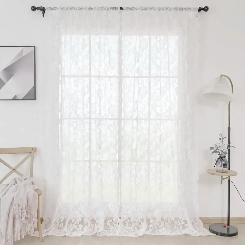Hollow Out Design Lace Curtain, 2 Counts/set Solid Color Window Curtain, Decorative Curtain for Home Living Room Bedroom Kitc...