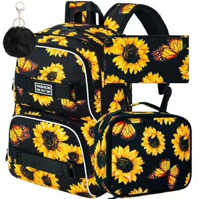 3Pcs Backpack for Girls Women, 17 Inches Sunflower Laptop Backpacks with Lunch Bag, Water Resistant College School Bookbag Se...