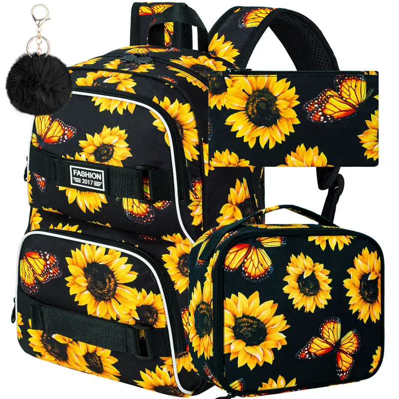 3Pcs Backpack for Girls Women, 17 Inches Sunflower Laptop Backpacks with Lunch Bag, Water Resistant College School Bookbag Se...