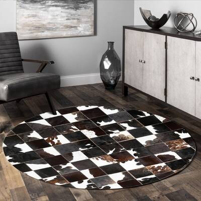 Checkered Brown and White Cowhide Round Rug