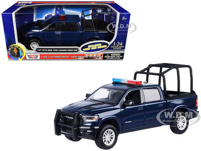 2019 RAM 1500 Laramie Crew Cab Pickup Truck with Bed Cage Dark Blue with Flashing Light Bar and Front and Rear Lights and Sou...
