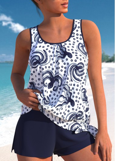 Modlily Bowknot Mid Waisted Marine Life Print Tankini Set - M
