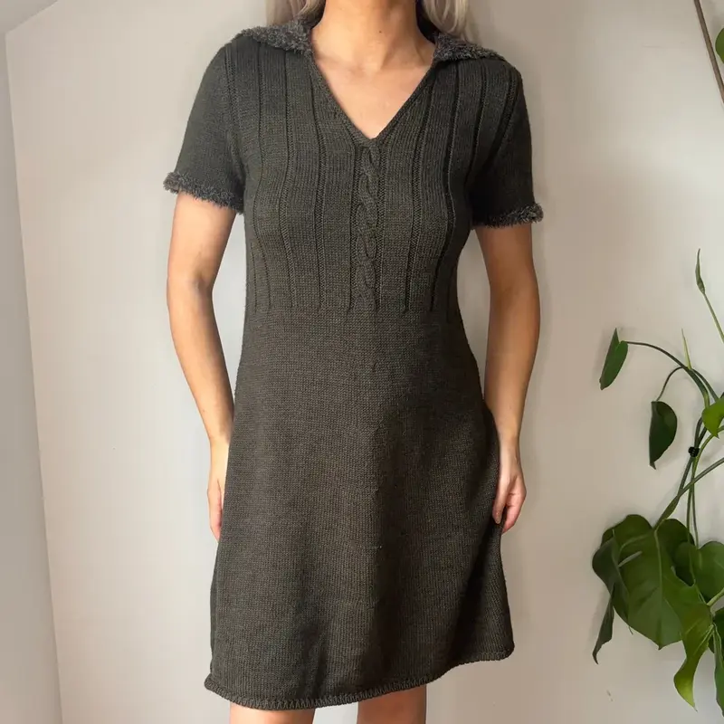 Benetton Midi Dress - Small Khaki Wool Blend