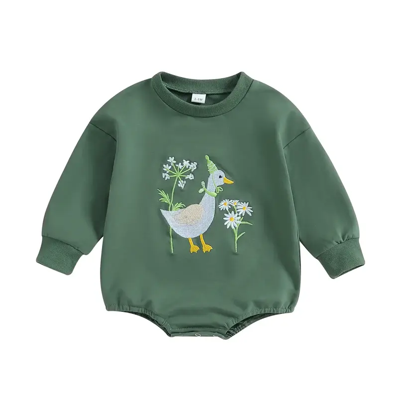 Baby Girls Romper, Long Sleeve Crew Neck Embroidery Duck Flower Bodysuit Clothes for Casual Daily smocked  baby  clothes