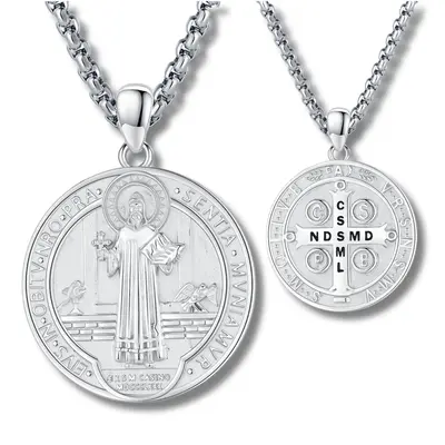 DRINSPER Collar de Plata 925 de San Benito, Saint Benedict Protection Necklace, Latin Inscription in Cross with Religious Sym...