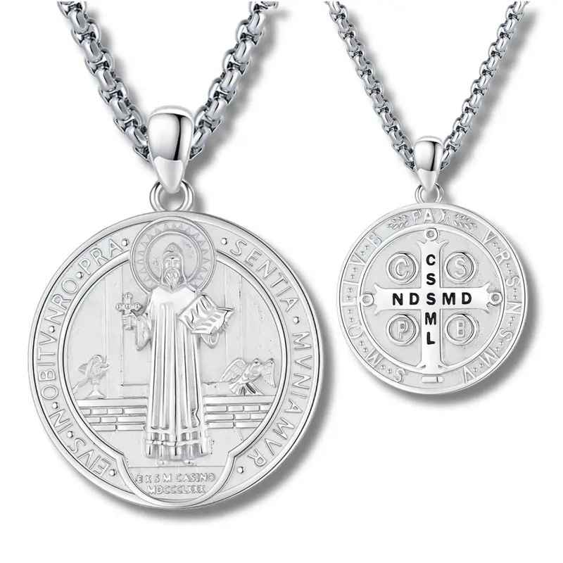 DRINSPER Collar de Plata 925 de San Benito, Saint Benedict Protection Necklace, Latin Inscription in Cross with Religious Sym...