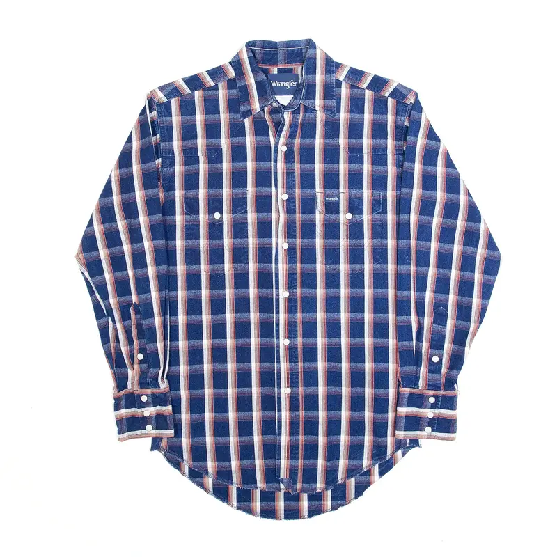 WRANGLER Blue Check Denim Long Sleeve Shirt Mens S