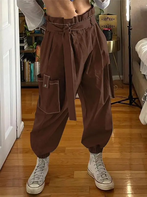 Mens Elastic Waist Belted Casual Loose Solid Cargo Trousers Street Long Pants, Menswear