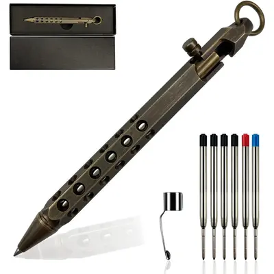 Bolt Action Pen, Solid Brass edc Pen Six-edge Pocket Metal  Pen with Refills and Clip Signature Pen for Business, Christmas, ...