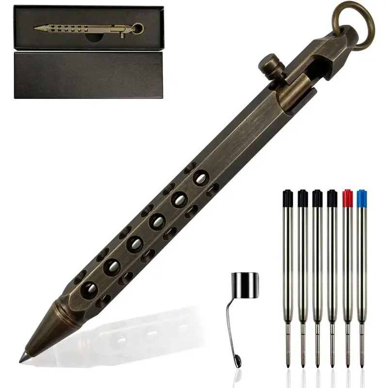 Bolt Action Pen, Solid Brass edc Pen Six-edge Pocket Metal  Pen with Refills and Clip Signature Pen for Business, Christmas, ...