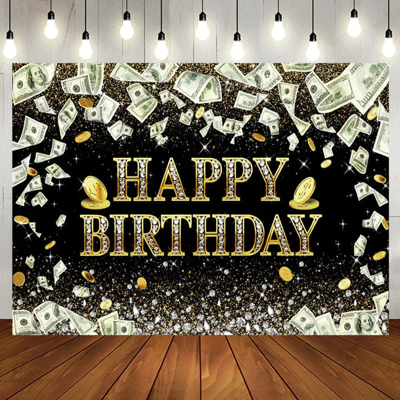 Dollar Bill Money Gold Glitter Birthday Backdrop - Aperturee