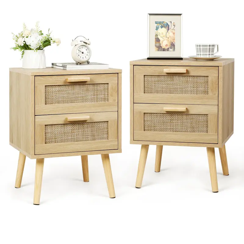 VOWNER 2PCS Rattan Nightstand, End Table with 2 Drawers and Solid Wood Legs, Side Table with Storage for Bedroom, Easy Assem...