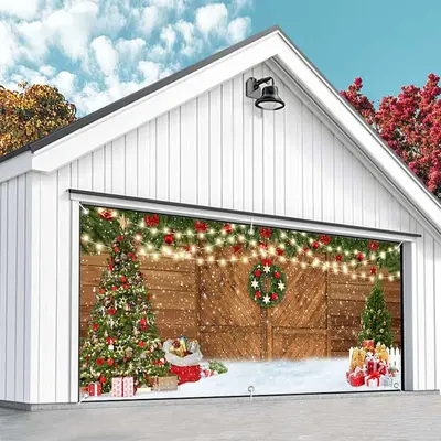 Aperturee Snowy Barn Door Christmas Tree Garage Door Banner