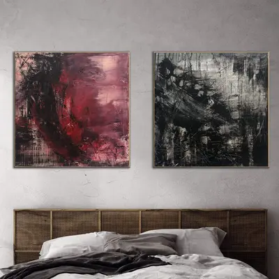 Original Set of 2 Paintings Abstract Red And Black Paintings On Canvas Modern Wall Art Texture Fine Art Handmade Artwork | QU...