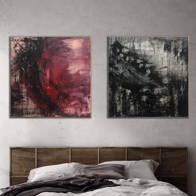 Original Set of 2 Paintings Abstract Red And Black Paintings On Canvas Modern Wall Art Texture Fine Art Handmade Artwork | QU...