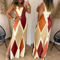 ChicMe Women's Geometric Print Thick Strap Dress Casual Slim Fit Slit Maxi Dress with Pockets