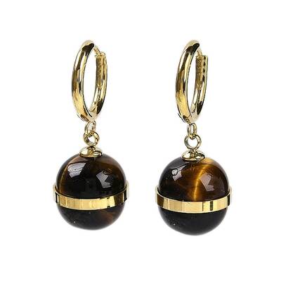 Ion Plating(IP) 304 Stainless Steel & Natural Tiger Eye Round Hoop Earrings for Women