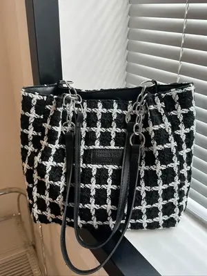 Fashionable Plaid Pattern Tote Bag, Casual Large Capacity Shoulder Bag For Women & Girls, Versatile Simple Handbag