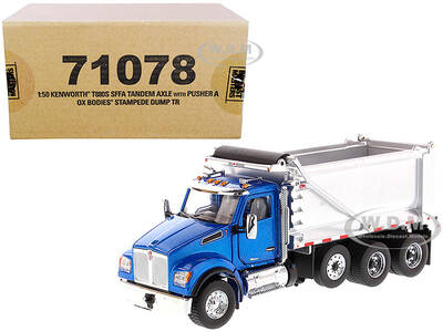 Kenworth T880S SFFA Tandem Axle with Pusher Axle OX Stampede Dump Truck Blue and Chrome \