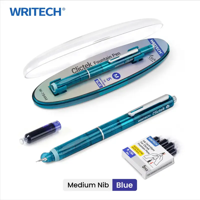 WRITECH Clictek Fountain Pen Set Retractable Style Blue Ink Medium Nib Transparent Barrel, Includes 5 Ink Cartridges for Gift...