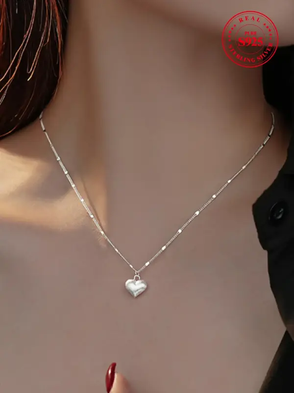 S925 Sterling Silver Heart Shaped Pendant Necklace for Women & Girls, Fashion Jewelry for Party, Daily Decor, Trendy All-matc...