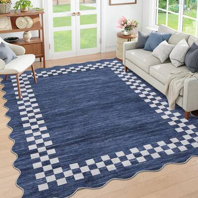 Garvee Bordered Dark Blue 5x7 Washable Rug for Living Room Large Bedroom Scalloped Rug Non Slip Stain Resistant Modern Border...