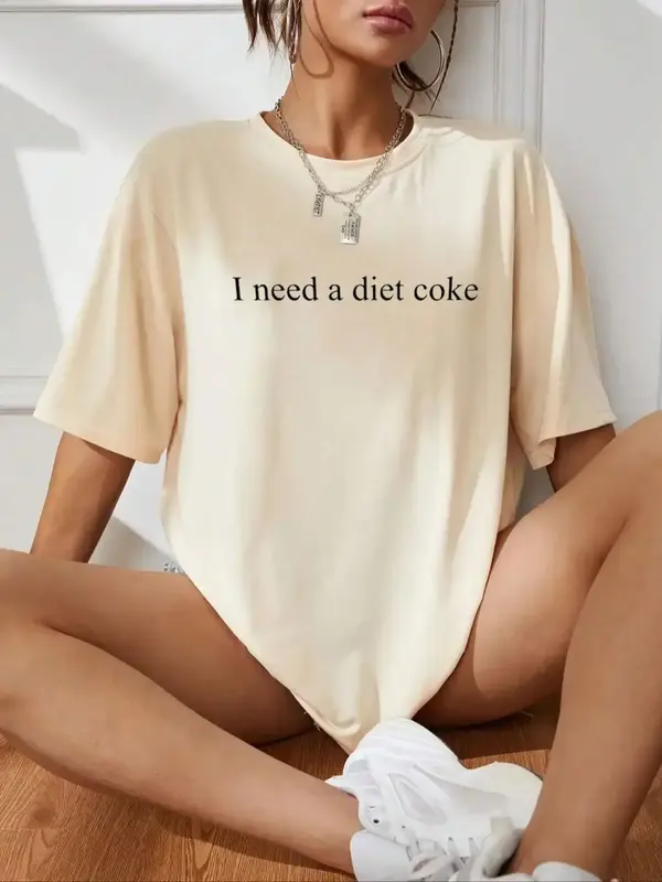 Women's Slogan Print Drop Shoulder Half Sleeve Tee, Trendy Casual Round Neck Graphic T-shirt for Daily Wear, Ladies Summer Ou...