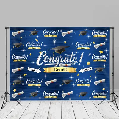 Caps And Stars Dark Blue Congrats Grad Photo Backdrop - Aperturee