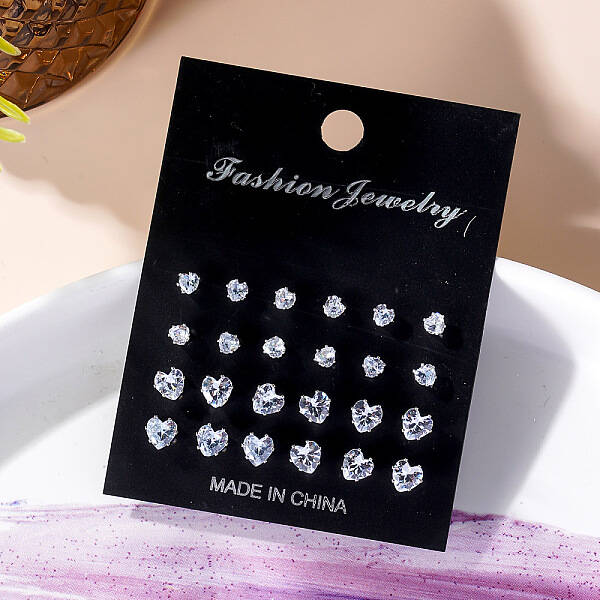 12 Pairs 6 Sizes Brass with Clear Cubic Zirconia Stud Earrings Sets