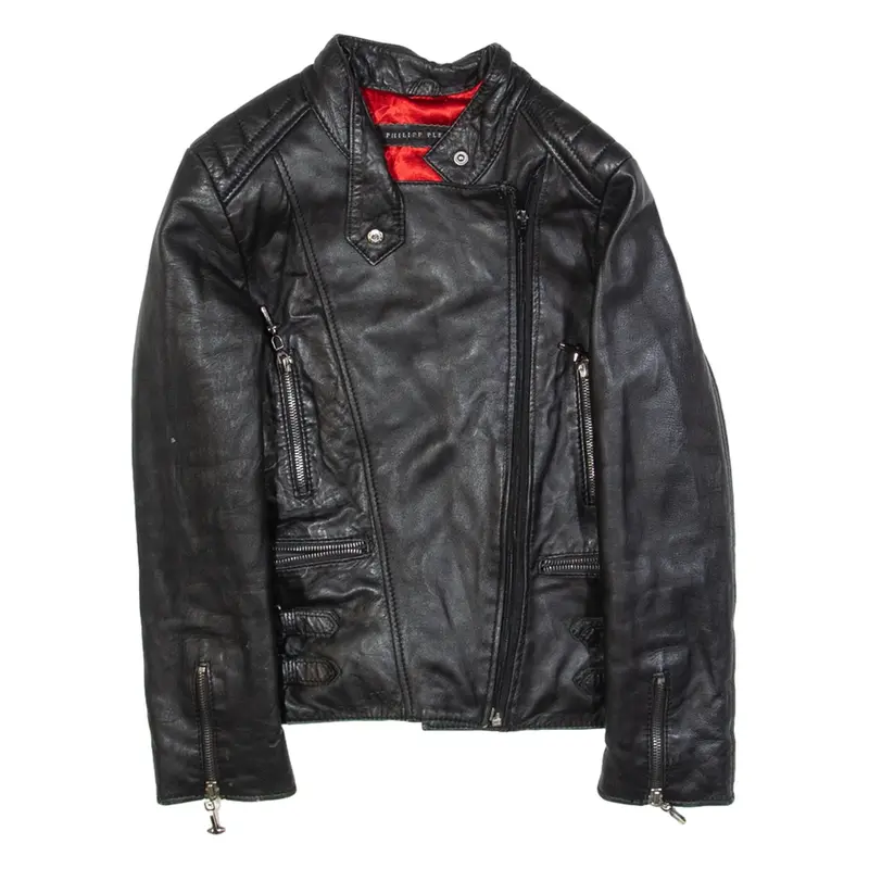 PHILIPP PLEIN Womens Biker Jacket Black Faux Leather S