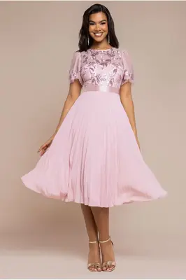 Goddiva Embroidered Top Chiffon Pleated Midi - Blush Pink