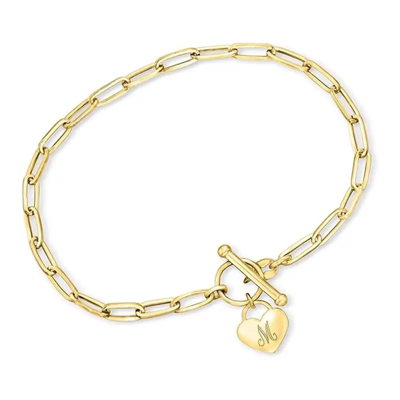 Gold Vermeil Personalized Initial Letter Heart Charm Paperclip Chain Bracelet for Women