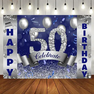 Aperturee Silver And Blue Bokeh Glitter Happy 50th Birthday Backdrop