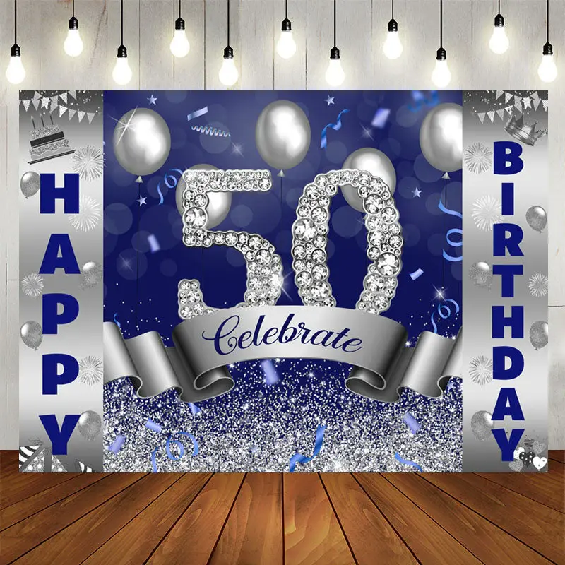 Aperturee Silver And Blue Bokeh Glitter Happy 50th Birthday Backdrop