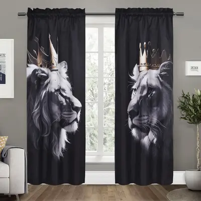 Crown Lion Pattern Curtain, 2 Counts Modern Polyester Blackout Curtain for Home Kitchen Bedroom Living Room Decor