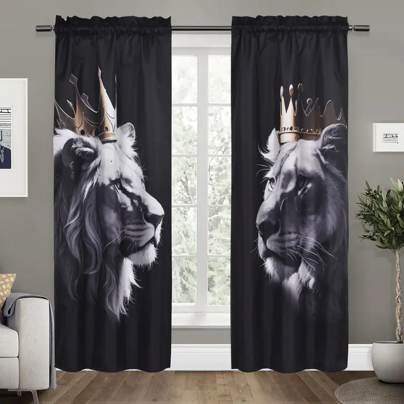 Crown Lion Pattern Curtain, 2 Counts Modern Polyester Blackout Curtain for Home Kitchen Bedroom Living Room Decor