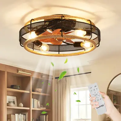 Garvee 20.5 Boho Rattan Caged Ceiling Fan with Light and Remote, 6-Speed Reversible, E26 Base for Bedroom Living Room