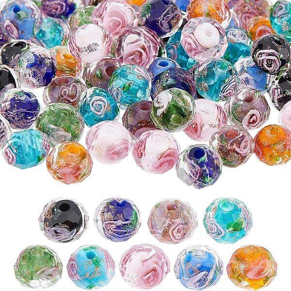 OLYCRAFT 90Pcs Gold Sand Lampwork Beads Strands Handmade Inner Flower Beads Faceted Rondelle Beads for Jewelry Making 8x6mm M...