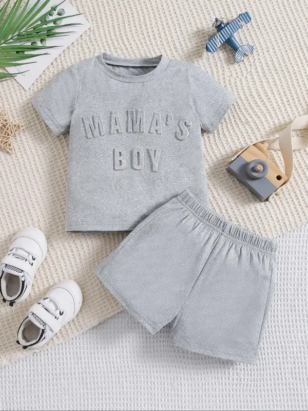 Two-piece Set Toddler Boy's Letter Embossed Short Sleeve Tee & Elastic Waist Shorts, Casual Round Neck T-shirt & Shorts for D...