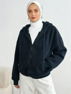 Women's Fashion Long Sleeve Hooded Jacket, Spring & Fall Solid Color Drawstring Zipper Slim Fit Casual Streetwear Blue Top