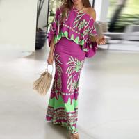 ChicMe Women's 2 Pieces Outfit Tropical Print Lantern Sleeve Cold Shoulder Loose Top and Casual High Waist Fishtail Maxi Skir...