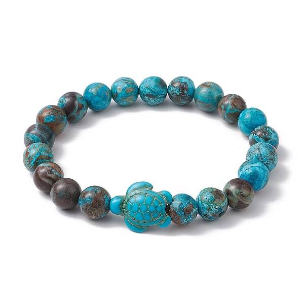 Summer Beach Turtle Dyed Synthetic Turquoise & Round Ocean Jasper Beaded Stretch Bracelets for Women