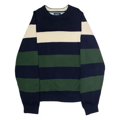 TOMMY HILFIGER Mens Patterned Jumper Blue Striped Crew Neck 90s Wool L