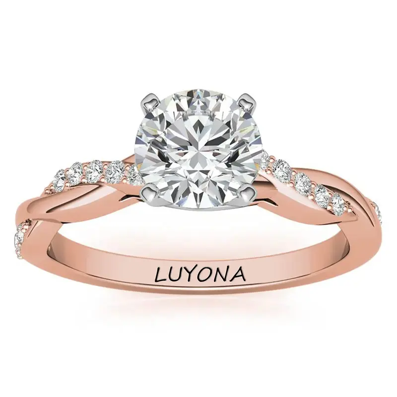 Sterling Silver with Rose Gold Plated Round Shaped Moissanite Personalized Engraving Engagement Ring