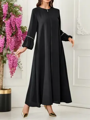 Elegant Long Robe Round Neck Zipper Lantern Sleeve Women's Fashion Solid Color Loose Arab Dress, Casual All Seasons Wear, Mus...