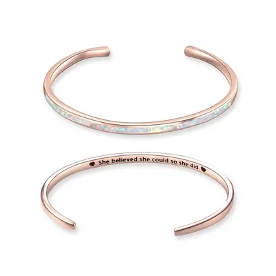 Sterling Silver with Rose Gold Plated Opal Heart Plain Bangle with Engraved Word