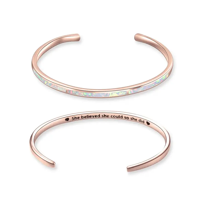 Sterling Silver with Rose Gold Plated Opal Heart Plain Bangle with Engraved Word