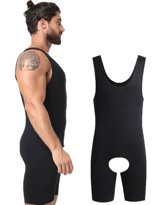 Men's Plain Crotchless Tank Shapewear Bodysuit, Seamless Tummy Control Bodysuit, High Stretch Comfy Breathable Romper, Mens C...